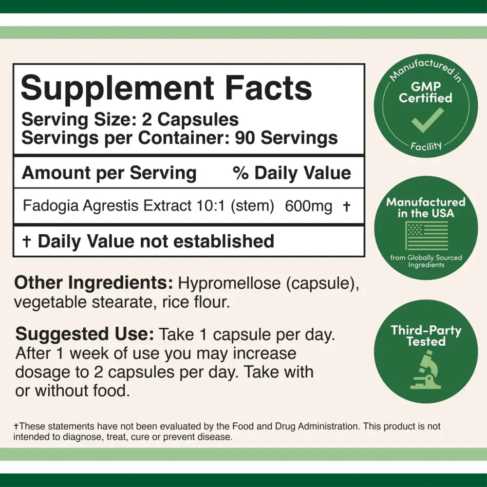 Fadogia Agrestis 600mg – Natural Testosterone & Performance Support (180 Capsules) - Dietary Supplement