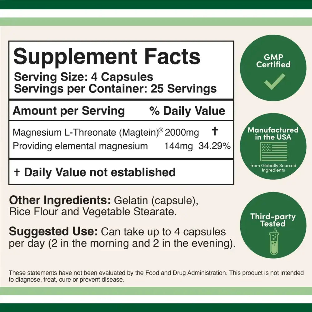 Magnesium L-Threonate (Magtein®) 2000mg High Absorption – 100 Capsules - Dietary Supplement