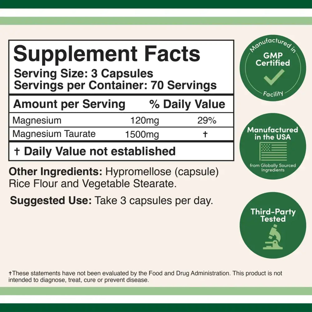 Magnesium Taurate – Supports Cardiovascular & Overall Health (120 Capsules) - Dietary Supplement