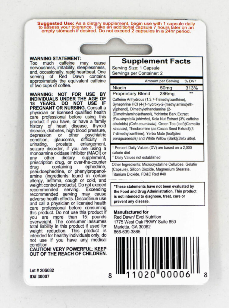 Red Dawn supplement facts label - Maxen Supplements