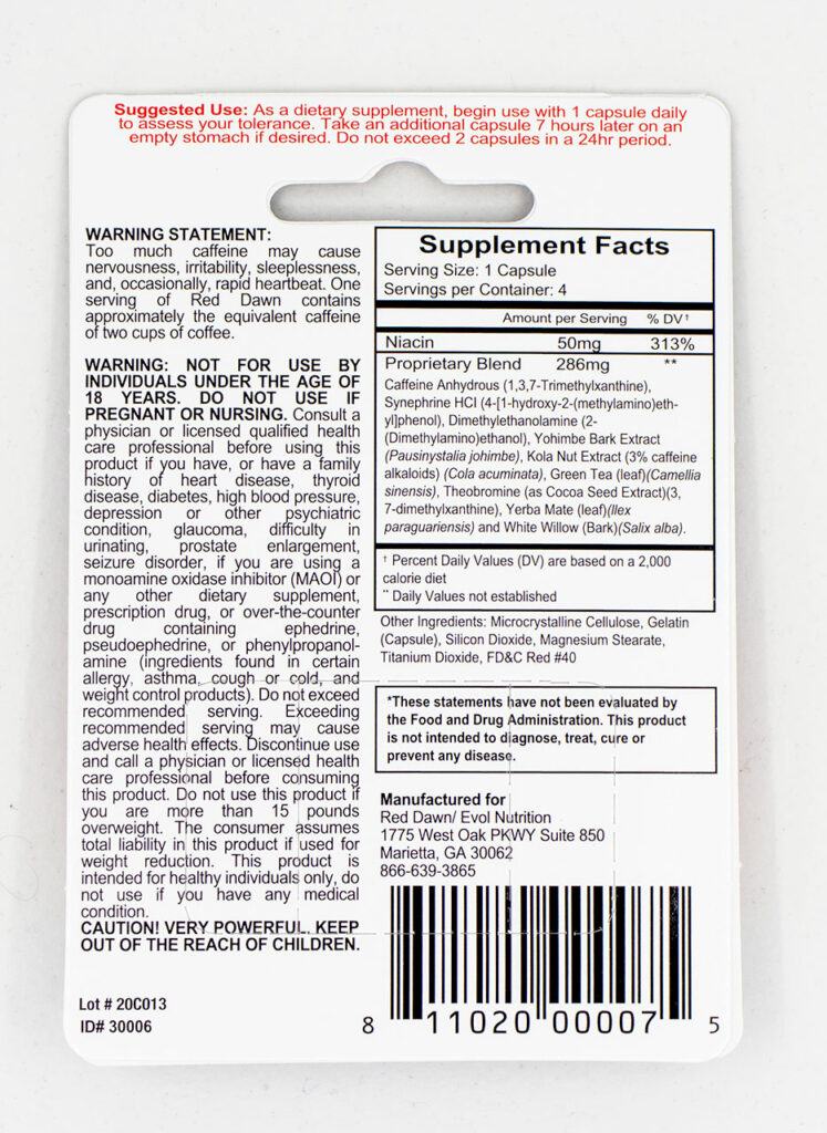 Red Dawn supplement label - Maxen Supplements