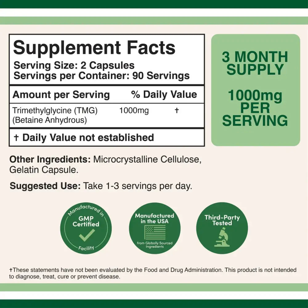 Trimethylglycine (TMG) 1000mg – Supports Cardiovascular & Athletic Performance (120 Capsules) - Dietary Supplement