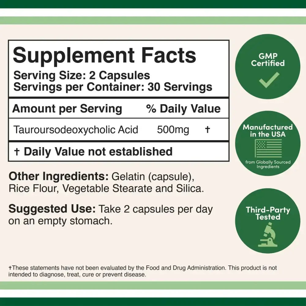 TUDCA (Tauroursodeoxycholic Acid) 500mg – Liver & Eye Health Support – 60 Capsules - Dietary Supplement